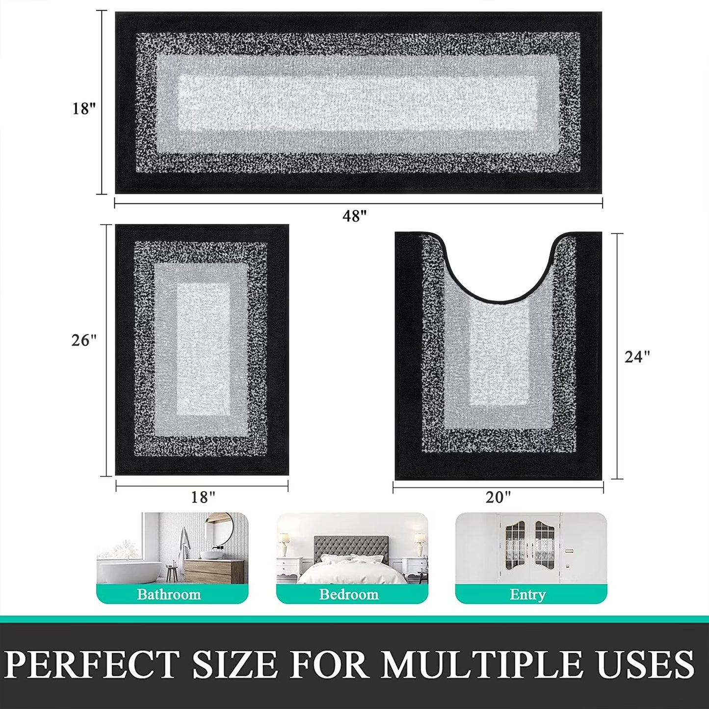 3 Piece Bath Rug Set Microfiber Washable Non Slip Bathroom Rug and Mat Set, Black