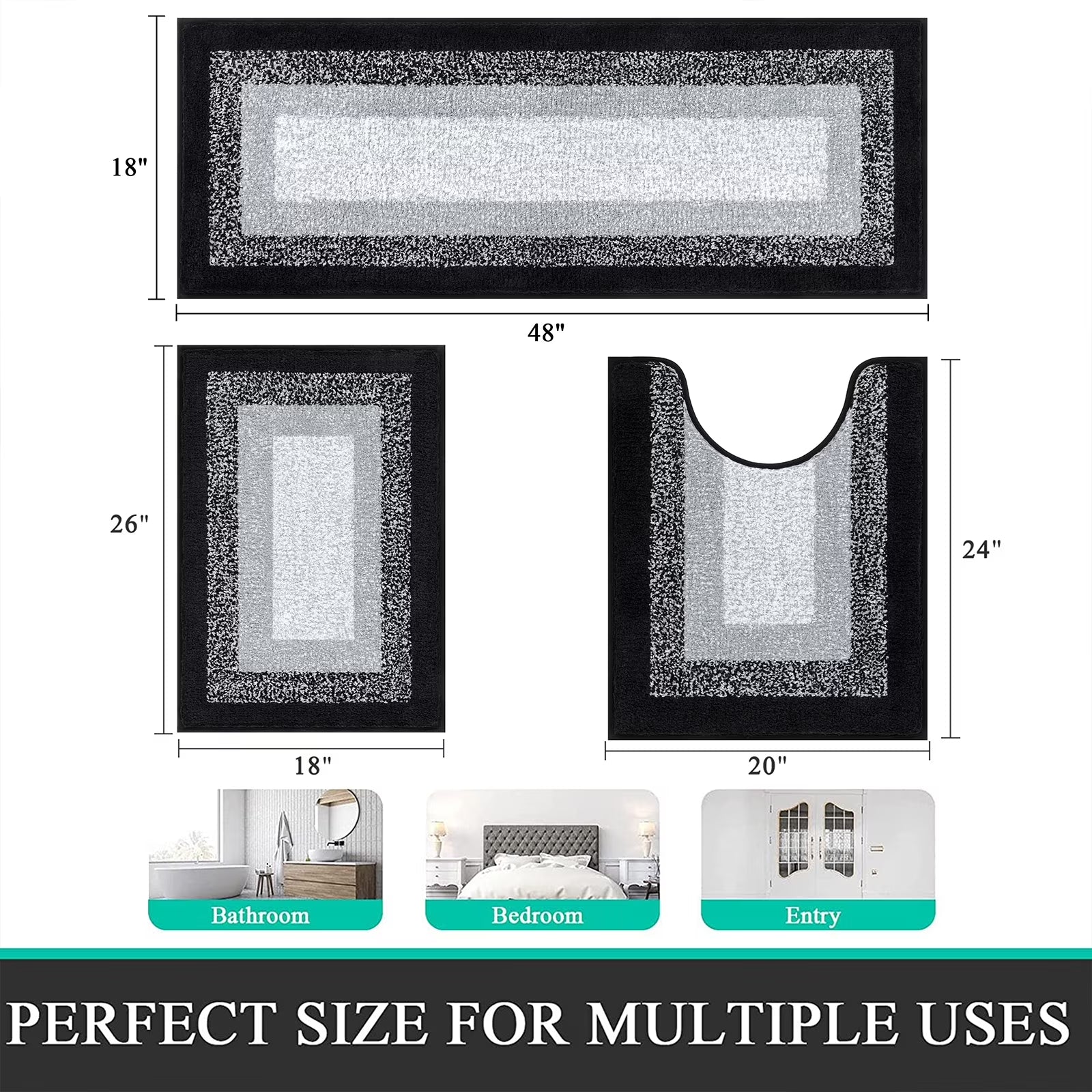 3 Piece Bath Rug Set Microfiber Washable Non Slip Bathroom Rug and Mat Set, Black