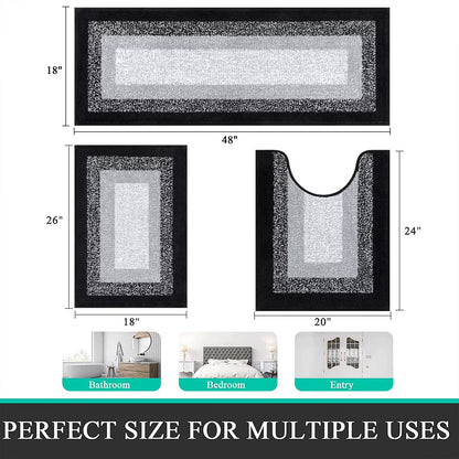 3 Piece Bath Rug Set Microfiber Washable Non Slip Bathroom Rug and Mat Set, Black