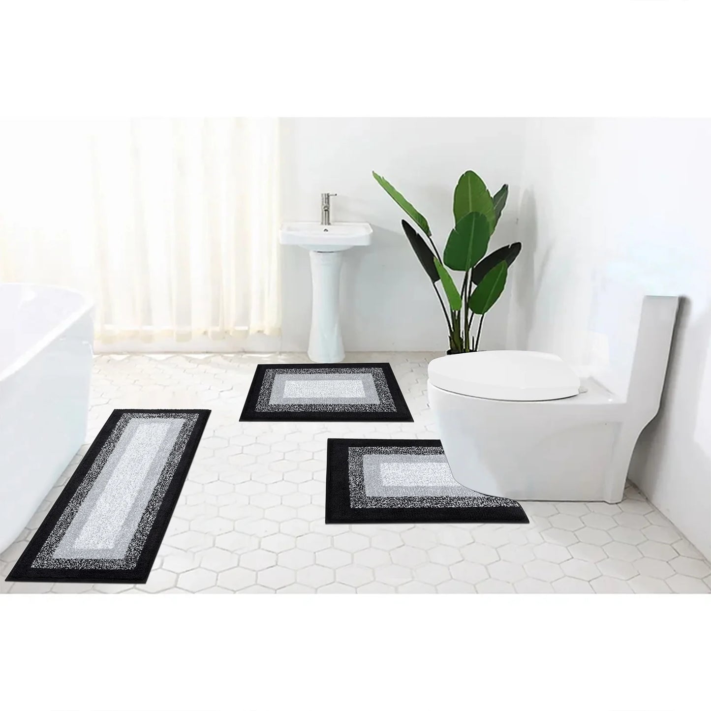 3 Piece Bath Rug Set Microfiber Washable Non Slip Bathroom Rug and Mat Set, Black