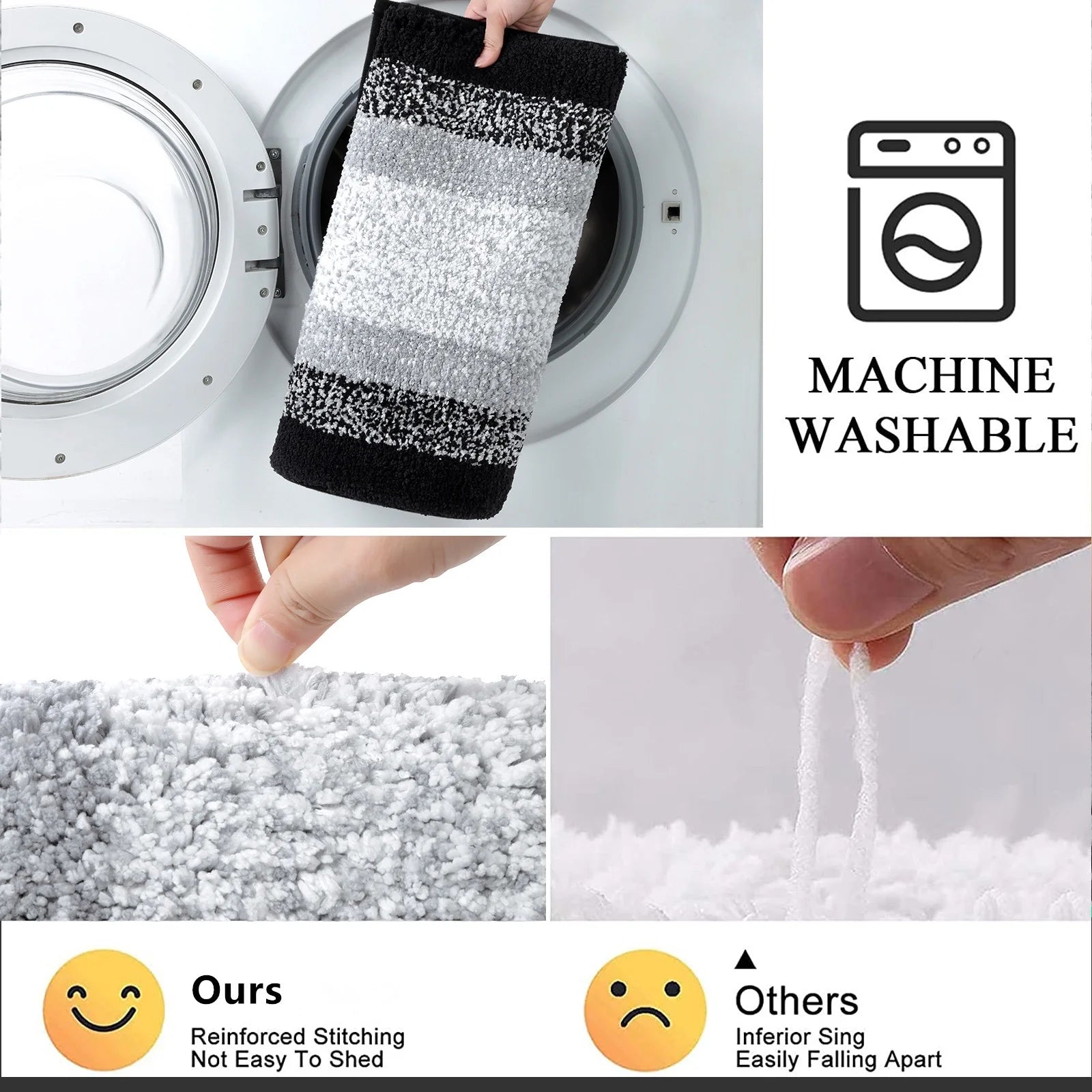 3 Piece Bath Rug Set Microfiber Washable Non Slip Bathroom Rug and Mat Set, Black