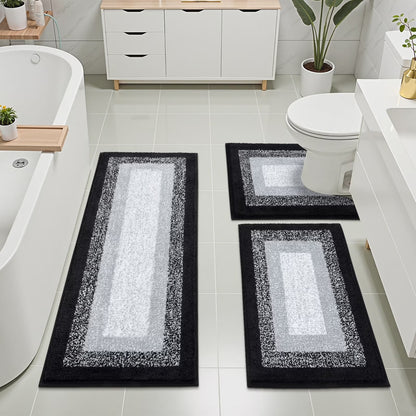3 Piece Bath Rug Set Microfiber Washable Non Slip Bathroom Rug and Mat Set, Black