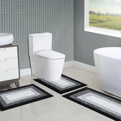 3 Piece Bath Rug Set Microfiber Washable Non Slip Bathroom Rug and Mat Set, Black