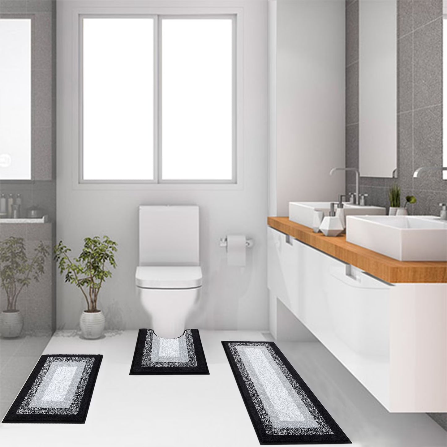 3 Piece Bath Rug Set Microfiber Washable Non Slip Bathroom Rug and Mat Set, Black