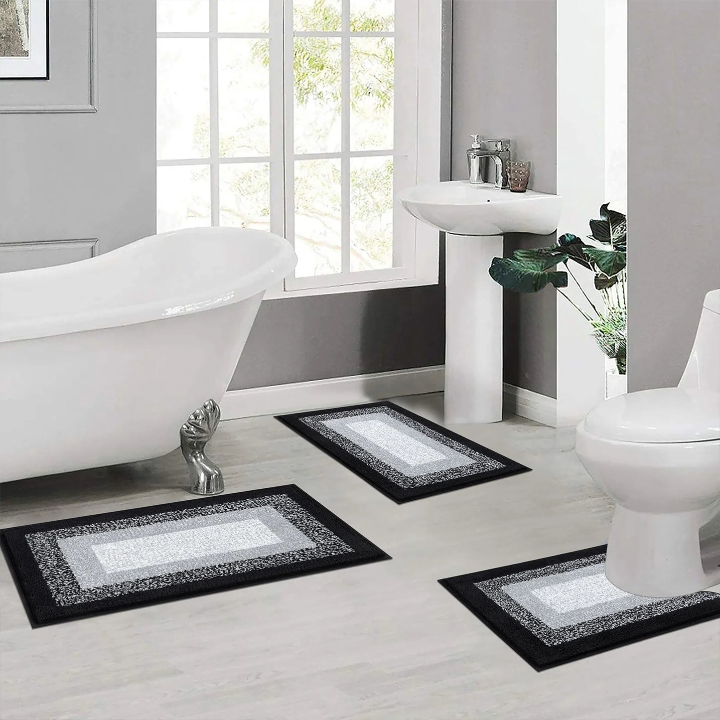 3 Piece Bath Rug Set Microfiber Washable Non Slip Bathroom Rug and Mat Set, Black