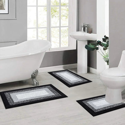 3 Piece Bath Rug Set Microfiber Washable Non Slip Bathroom Rug and Mat Set, Black