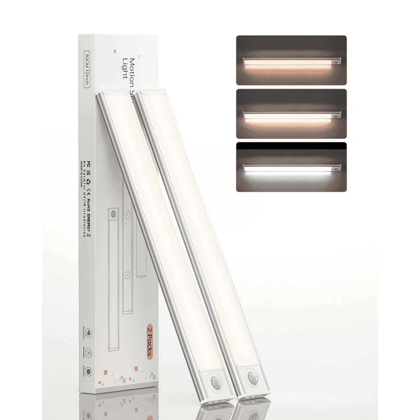 Under Cabinet Lighting 12 Inches, 81 LED Motion Sensor Light Indoor with 3 Color Dimmable, Battery Operated Closet Lights Rechargeable Lamp, Magnetic under Counter Night Light for Kitchen - 2 Pack
