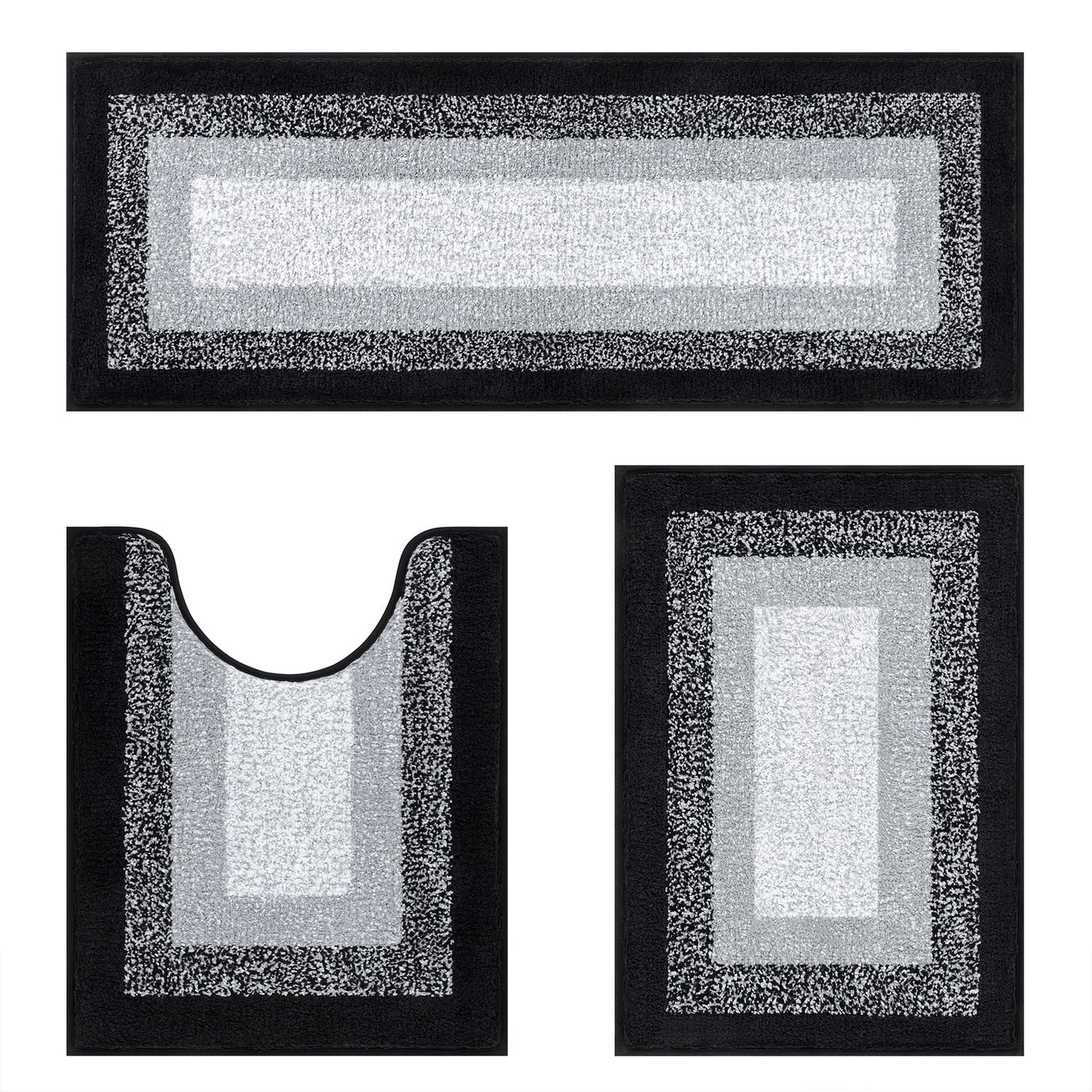 3 Piece Bath Rug Set Microfiber Washable Non Slip Bathroom Rug and Mat Set, Black