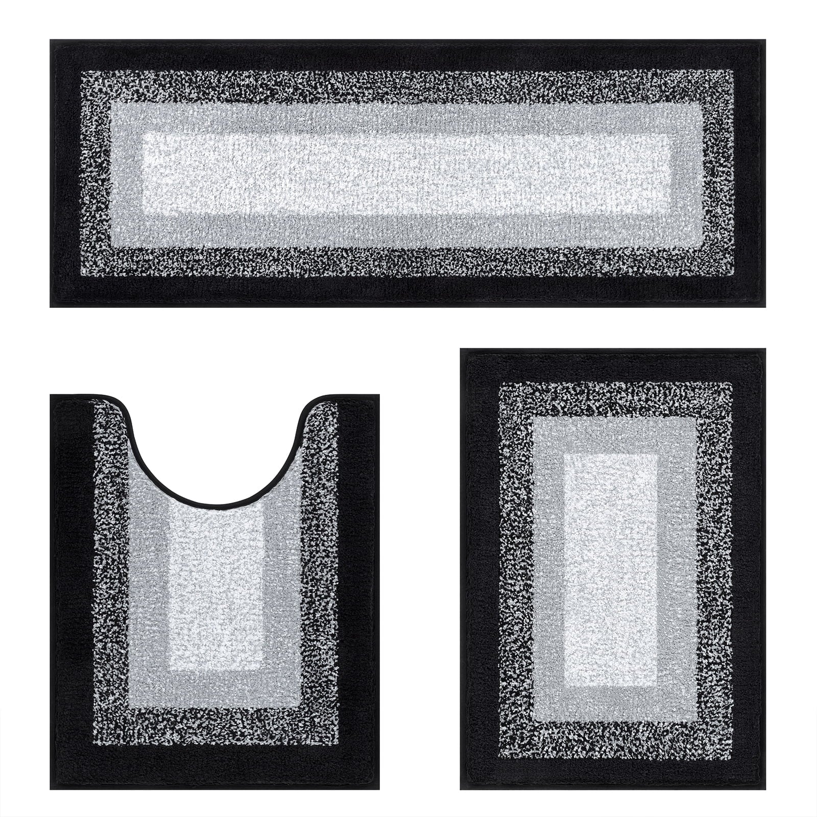 3 Piece Bath Rug Set Microfiber Washable Non Slip Bathroom Rug and Mat Set, Black