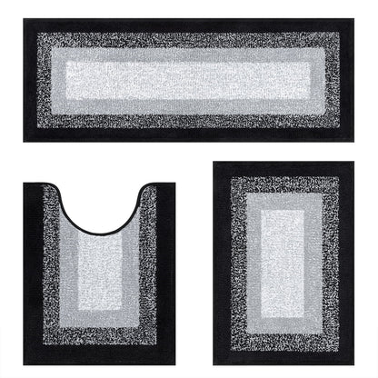 3 Piece Bath Rug Set Microfiber Washable Non Slip Bathroom Rug and Mat Set, Black