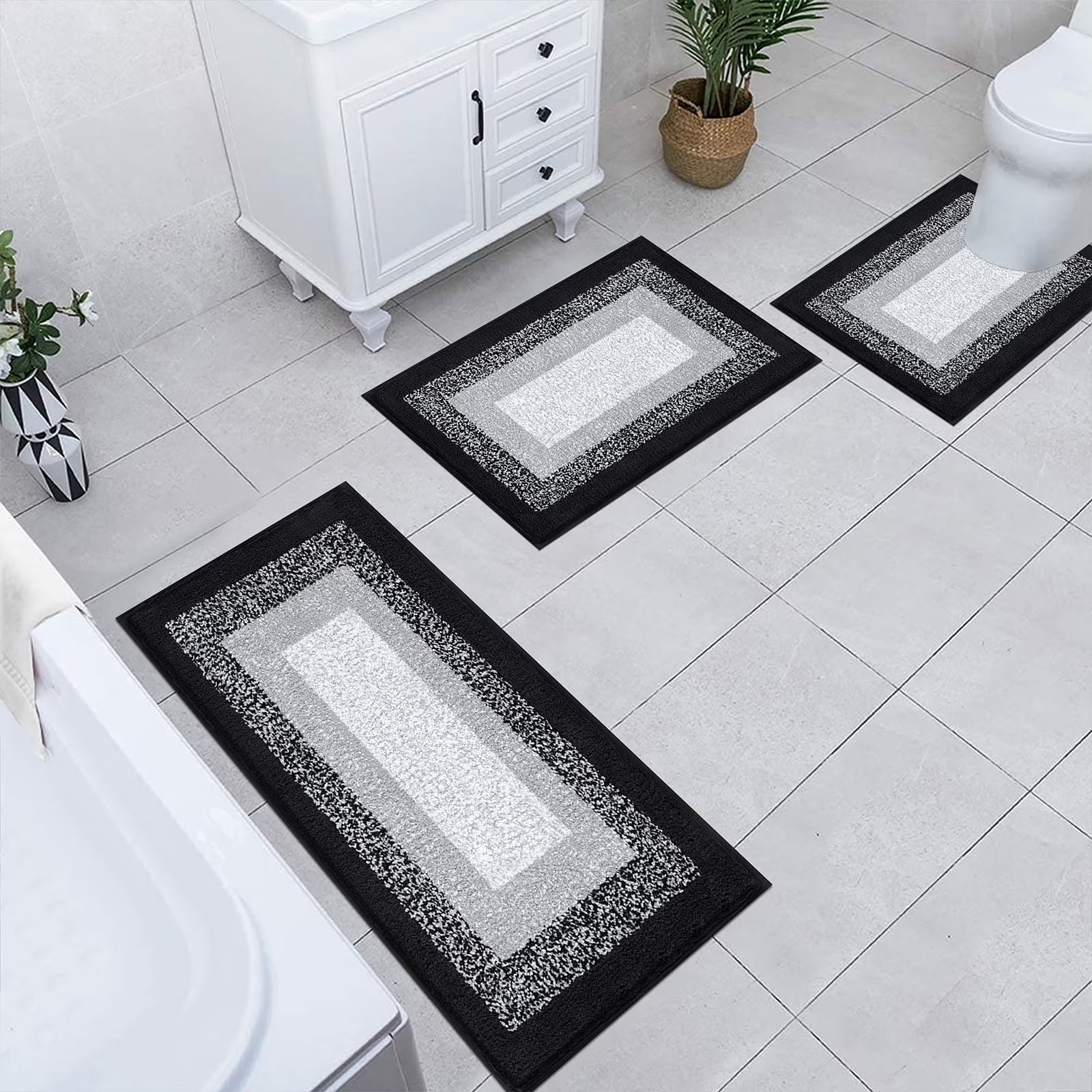 3 Piece Bath Rug Set Microfiber Washable Non Slip Bathroom Rug and Mat Set, Black