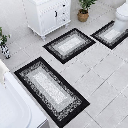 3 Piece Bath Rug Set Microfiber Washable Non Slip Bathroom Rug and Mat Set, Black