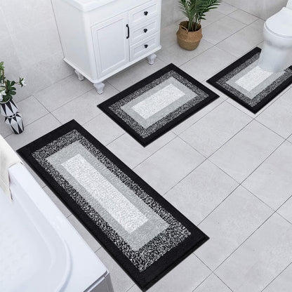 3 Piece Bath Rug Set Microfiber Washable Non Slip Bathroom Rug and Mat Set, Black